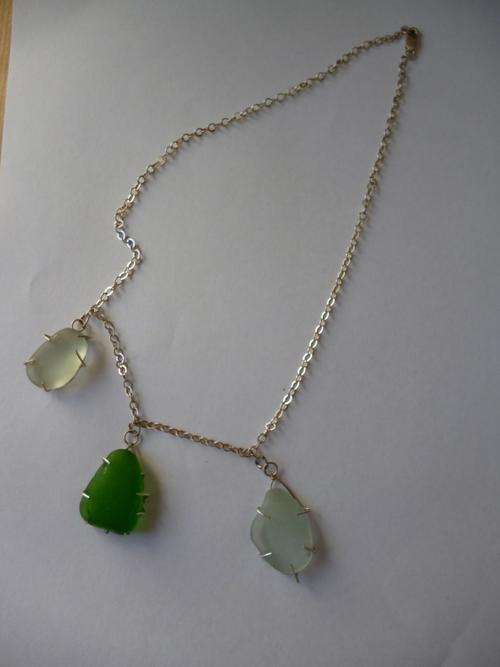 Green and White and Silver 3 Sea Glass Necklace with Silver Chain.. Artisan Made, one of a kind.